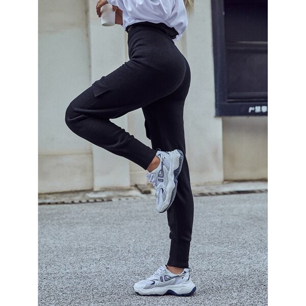 

Flap Pocket High Waist Knit Pants, Black