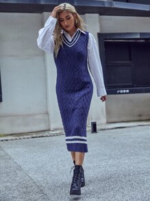 Seusyu 條紋圖案邊麻花編織不帶襯衫毛衣洋裝 - 藏蓝色 - 查看 4