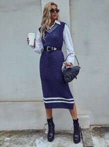 Seusyu 條紋圖案邊麻花編織不帶襯衫毛衣洋裝 - 藏蓝色 - 查看 5