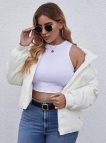 冬季加大码纯色拉链加厚棉服外套 - 白色 - 查看 1