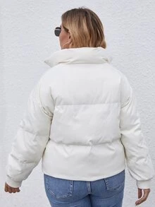 冬季加大码纯色拉链加厚棉服外套 - 白色 - 查看 2