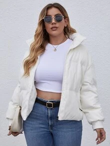 冬季加大码纯色拉链加厚棉服外套 - 白色 - 查看 4