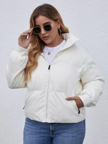 冬季加大码纯色拉链加厚棉服外套 - 白色 - 查看 5