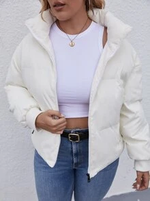 冬季加大码纯色拉链加厚棉服外套 - 白色 - 查看 6