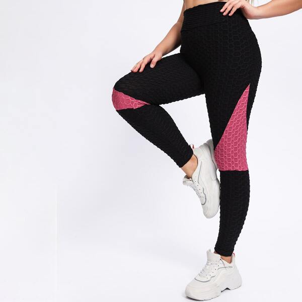 

Plus Colorblock Honeycomb Textured Sports Leggings, Black