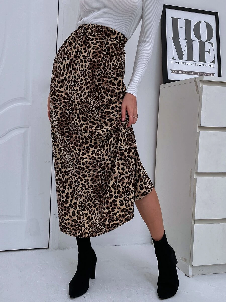 Elastic Waist Leopard A-Line Skirt - Multicolor - View 1