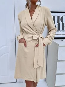 Shawl Neck Dual Pocket Belted Dress - Apricot - View 5