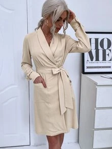 Shawl Neck Dual Pocket Belted Dress - Apricot - View 7