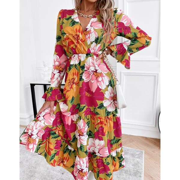 

All Over Floral Print Ruffle Hem Flounce Sleeve Dress, Multicolor