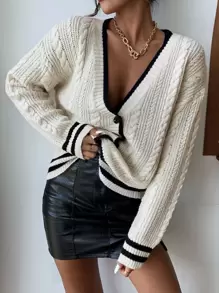 條紋圖案邊麻花編織落肩袖開襟衫 - 米色 - 查看 1