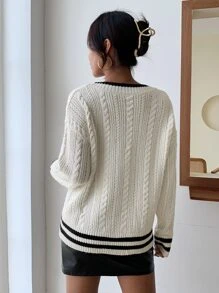條紋圖案邊麻花編織落肩袖開襟衫 - 米色 - 查看 2