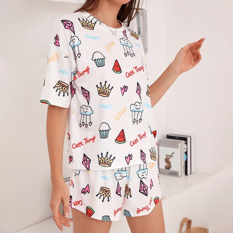 

Allover Cartoon Graphic PJ Set, White