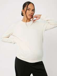 SHEIN Maternity Solid Round Neck Pullover, For Winter - Beige - View 1