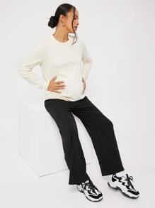 SHEIN Maternity Solid Round Neck Pullover, For Winter - Beige - View 3