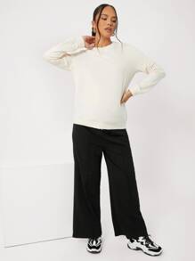 SHEIN Maternity Solid Round Neck Pullover, For Winter - Beige - View 5