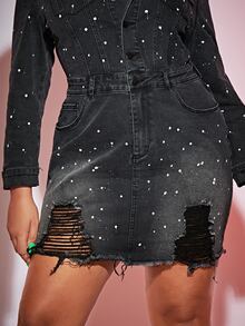 SHEIN SXY Vestido mezclilla salpicaduras de tinta desgarro crudo con diseño de solapa sin con cadena - Negro - Ver 5