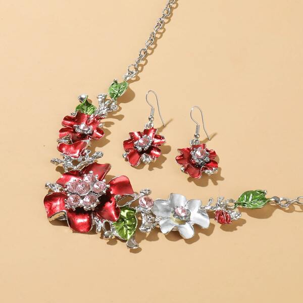

3pcs Rhinestone Flower Jewelry Set, Multicolor