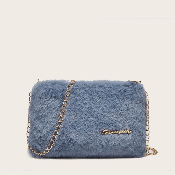 

Letter Patch Fluffy Chain Crossbody Bag, Blue