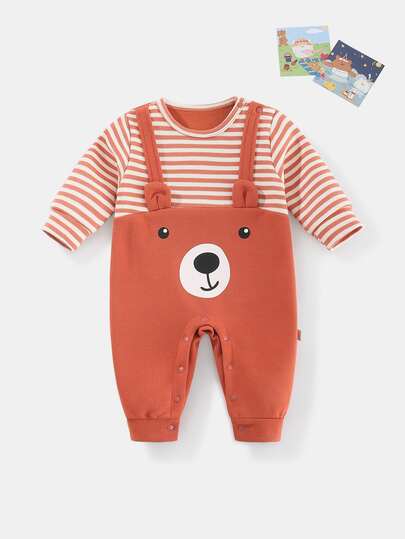 Peninsula Baby Cartoon & Striped Print Ear Detail Jumpsuit