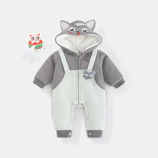 

Baby Cartoon Embroidered 3D Patched Hooded Thermal Lined Jumpsuit, Multicolor