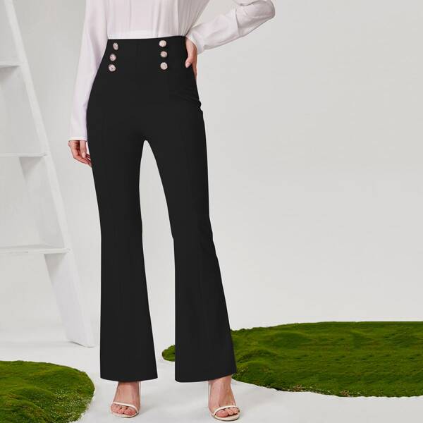 

Double Button Flare Leg Pants, Black