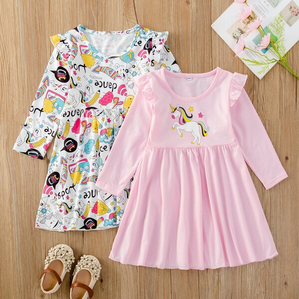 

Toddler Girls 2pcs Cartoon & Letter Graphic Ruffle Trim Dress, Multicolor