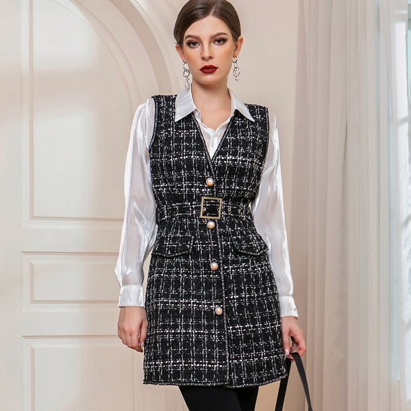 

Flap Detail Belted Tweed Vest Coat, Black