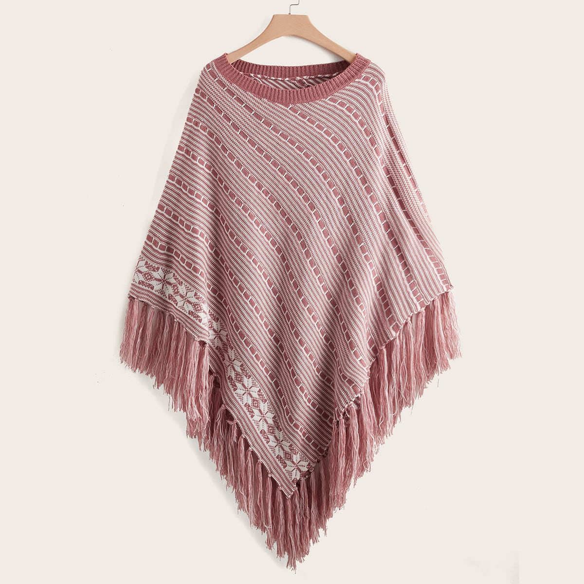 размера плюс Пончо геометрический & в полоску с бахромой в рубчик