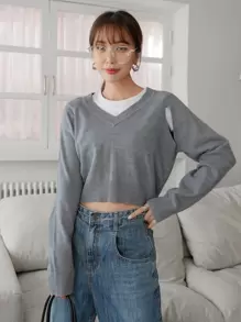 DAZY 鏤空插肩袖短款毛衣 - 灰色 - 查看 1