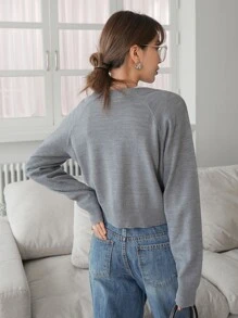 DAZY 鏤空插肩袖短款毛衣 - 灰色 - 查看 2