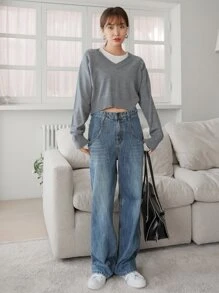 DAZY 鏤空插肩袖短款毛衣 - 灰色 - 查看 3