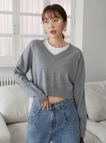 DAZY 鏤空插肩袖短款毛衣 - 灰色 - 查看 4