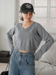 DAZY 鏤空插肩袖短款毛衣 - 灰色 - 查看 5