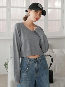 DAZY 鏤空插肩袖短款毛衣 - 灰色 - 查看 7