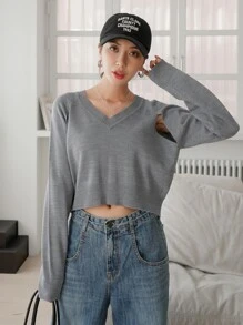 DAZY 鏤空插肩袖短款毛衣 - 灰色 - 查看 8