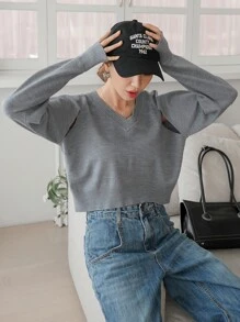 DAZY 鏤空插肩袖短款毛衣 - 灰色 - 查看 9