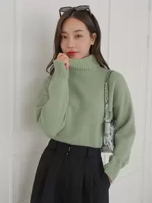 DAZY Áo len cổ lọ trễ vai trơn mùa đông - màu xanh lá - Xem 1