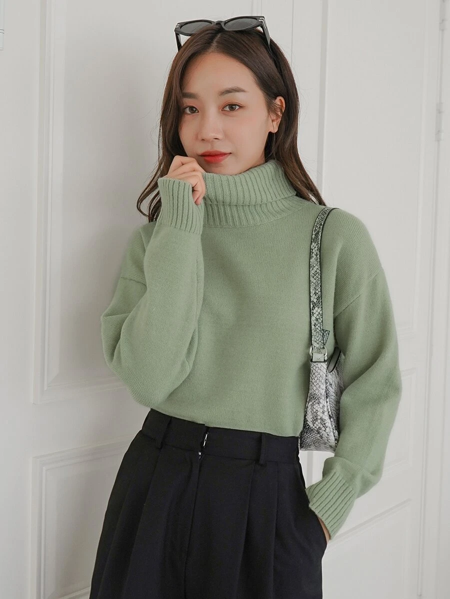 DAZY Áo len cổ lọ trễ vai trơn mùa đông - màu xanh lá - Xem 1