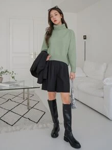 DAZY Áo len cổ lọ trễ vai trơn mùa đông - màu xanh lá - Xem 3