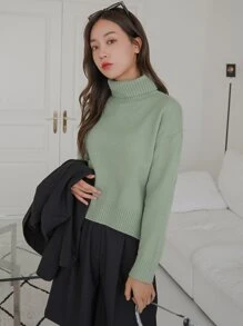 DAZY Áo len cổ lọ trễ vai trơn mùa đông - màu xanh lá - Xem 4