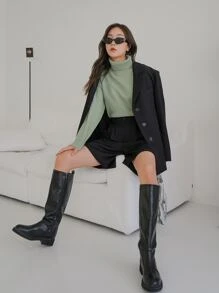 DAZY Áo len cổ lọ trễ vai trơn mùa đông - màu xanh lá - Xem 8