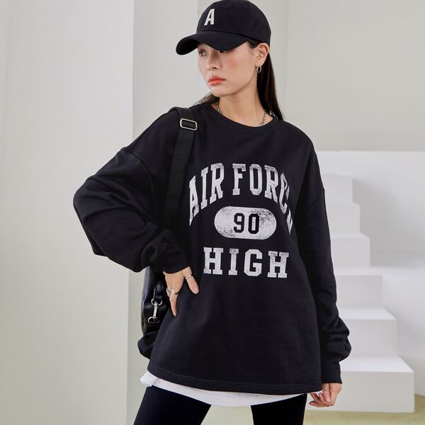 

Letter Graphic Drop Shoulder Oversized Sweatshirt, Black