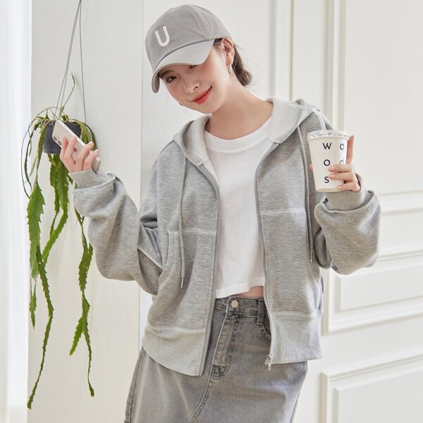 

Top-stitching Drop Shoulder Zip Up Drawstring Thermal Hoodie, Light grey