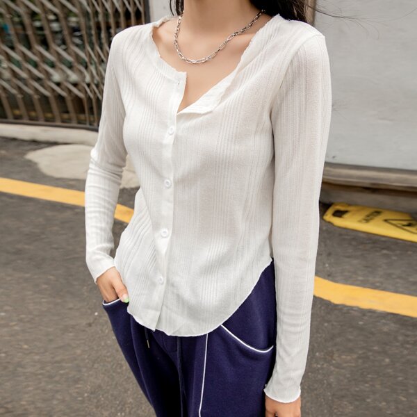 

Ribbed Knit Button Front Top, White