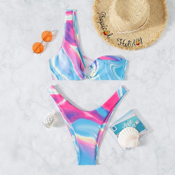 

Abstract Fluid Pattern One Shoulder Bikini Swimsuit, Multicolor