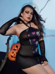 Plus Halloween Print Halter Slips - Black - View 1