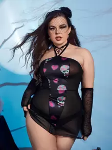 Plus Halloween Print Halter Slips - Black - View 4