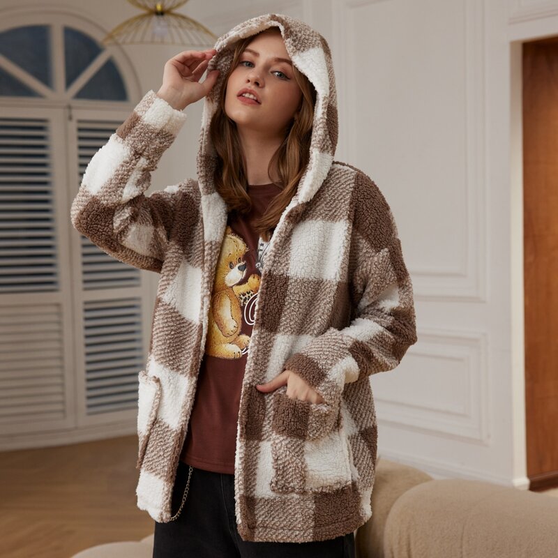 

Plaid Dual Pocket Hooded Teddy Coat, Multicolor