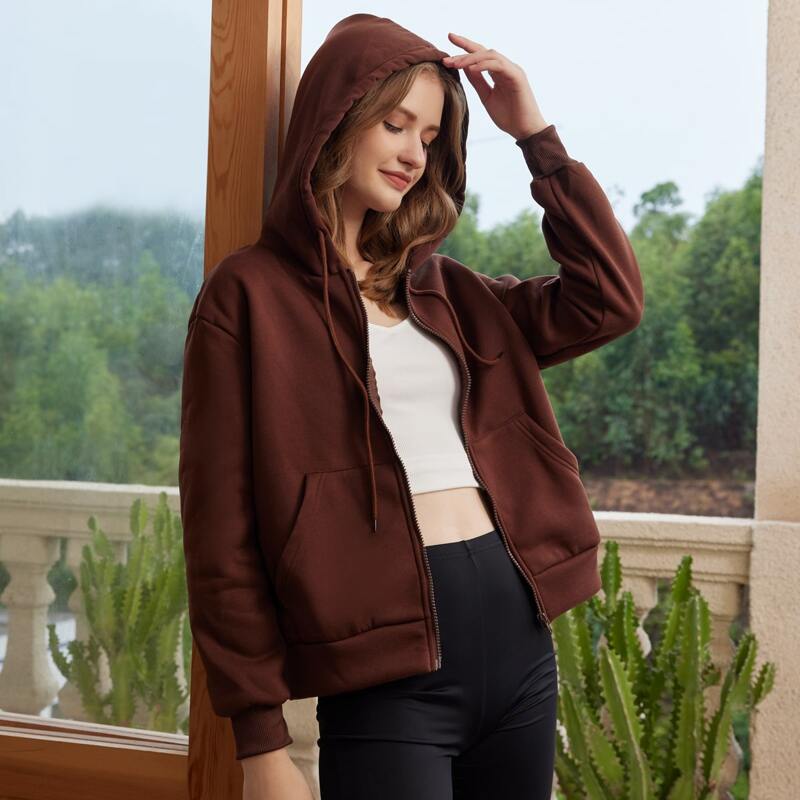 

Zip Up Drop Shoulder Drawstring Hoodie, Coffee brown