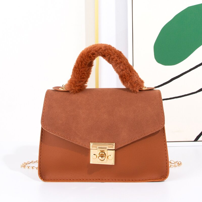 

Minimalist Fluffy Top Handle Square Bag, Brown